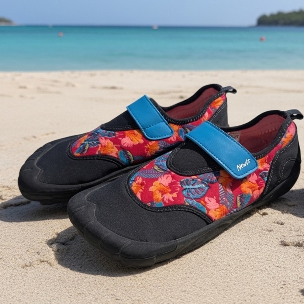 Newtz Water Shoes Floral Print Teal/Blue Velcro Strap – Lightweight Slip On 9/10